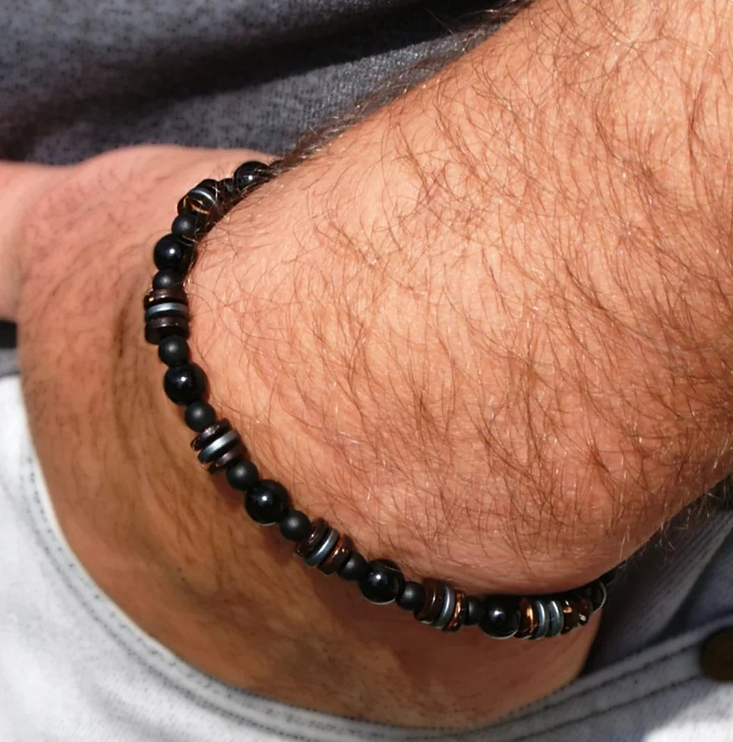 Mens Beaded Black Onyx And Green Plated Hematite Spacers With Wooden