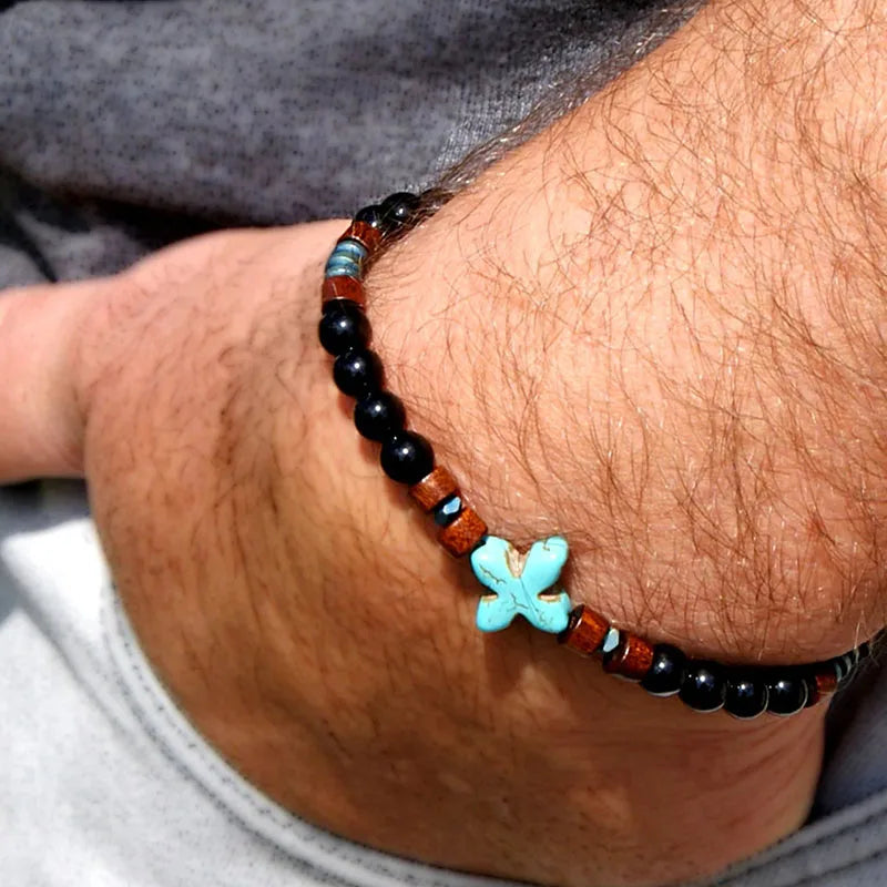 Mens Beaded Black Onyx And Green Plated Hematite Spacers With Wooden