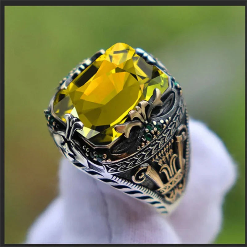 Retro Handmade Turkish Signet Rings for Men Ancient Silver Color Carved