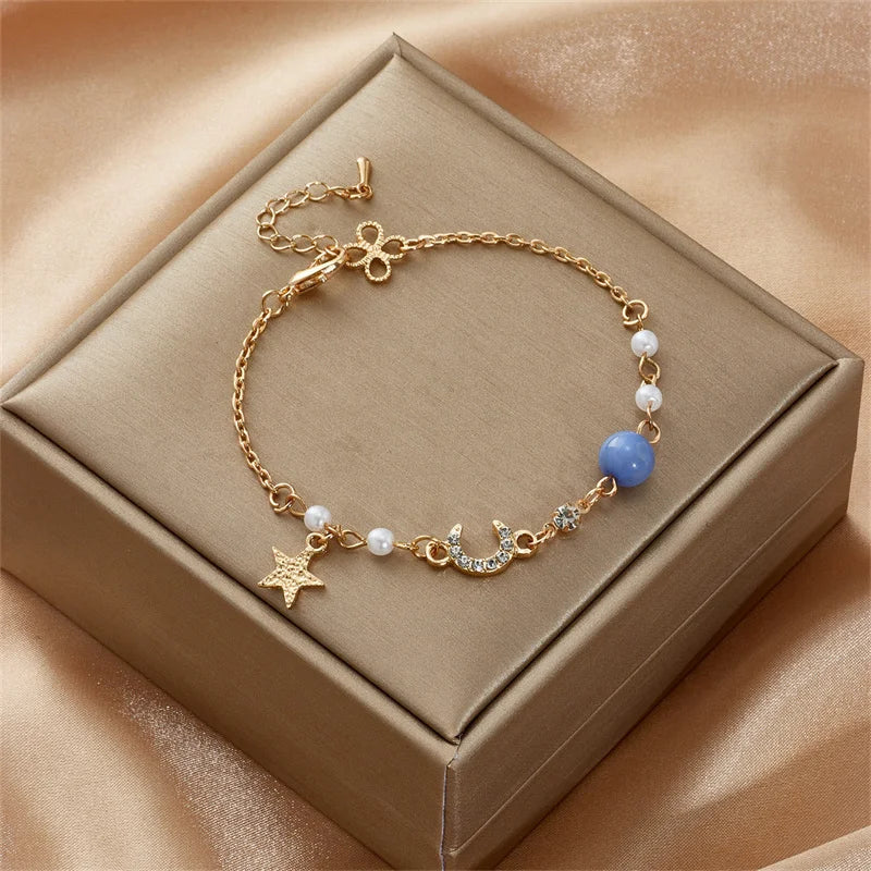 Korean Simple Star Moon Zircon Pearl Bracelet For Women Ladies Cute Elegant