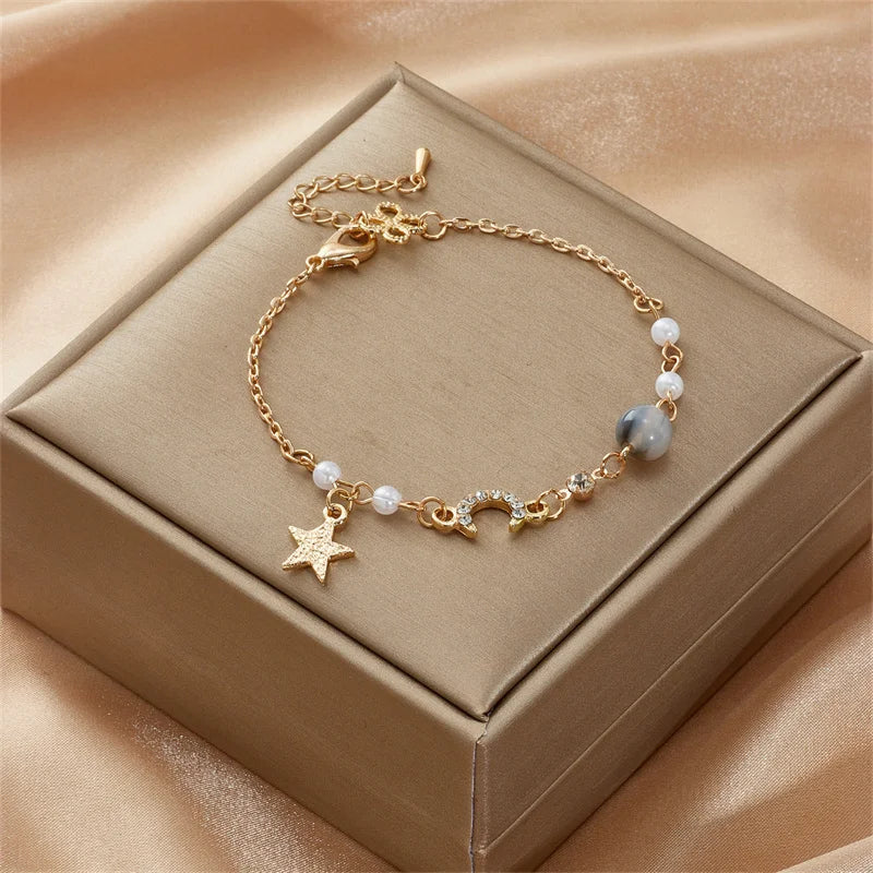 Korean Simple Star Moon Zircon Pearl Bracelet For Women Ladies Cute Elegant