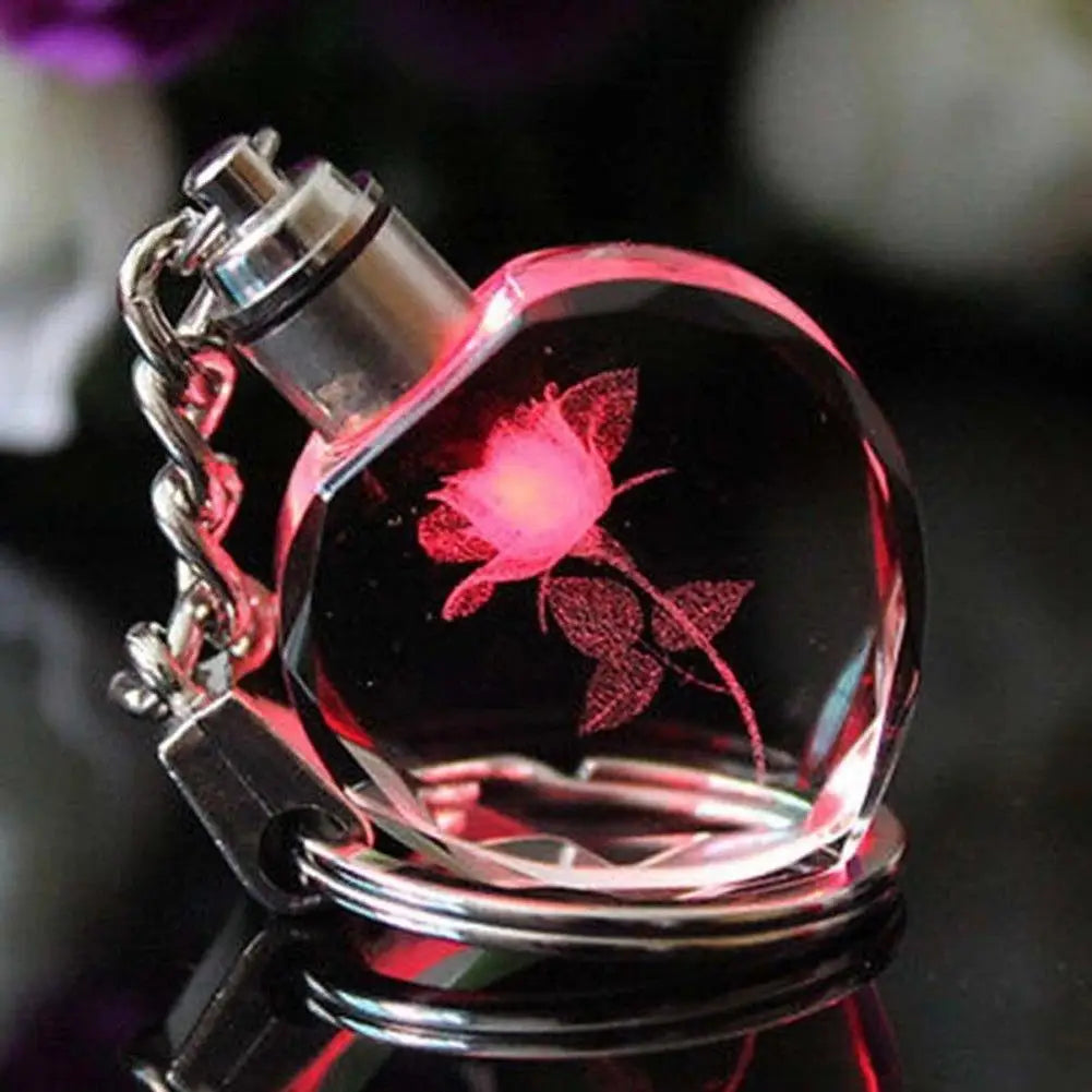 Artificial Crystal Rose Heart Keyring Key Chain LED Couple Lovers Girlfriend