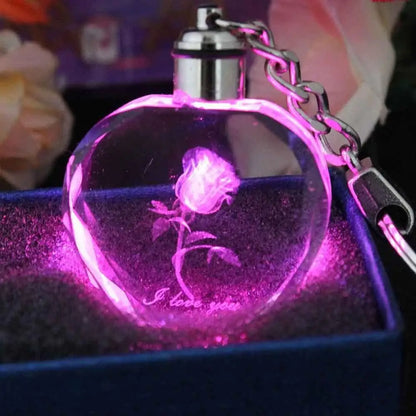 Artificial Crystal Rose Heart Keyring Key Chain LED Couple Lovers Girlfriend