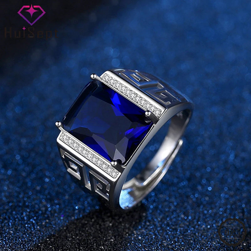 HuiSept Men Ring Silver 925 Jewelry with Sapphire Zircon Gemstone Finger