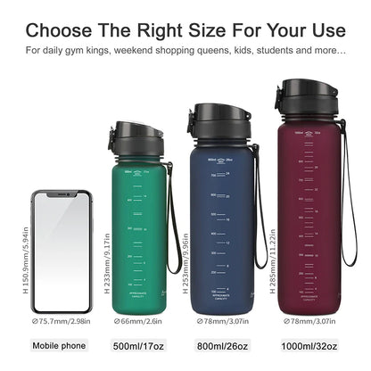 500/800/1000ml Sports Water Bottle Portable Leakproof Shaker Drinkware