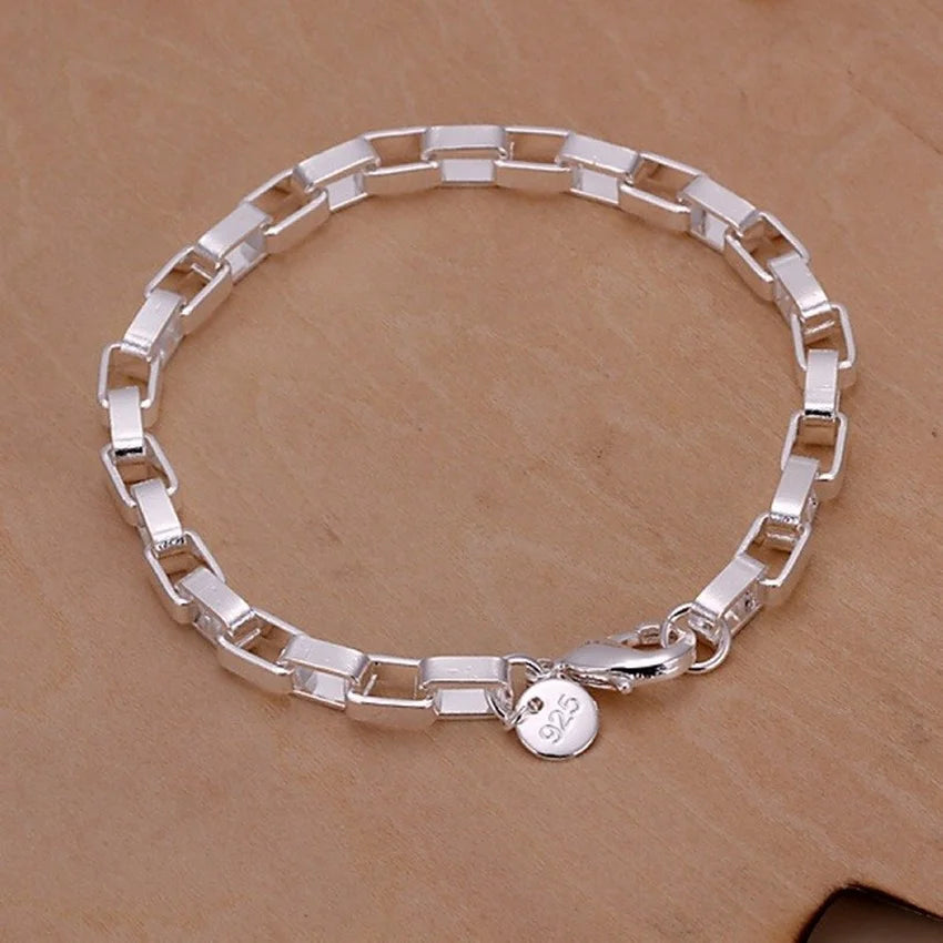 Noble 925 Sterling Silver Square Solid Chain Bracelet For Women Men