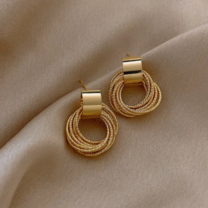 Retro Metal Gold Color Multiple Small Circle Stud Earrings for Women Korean