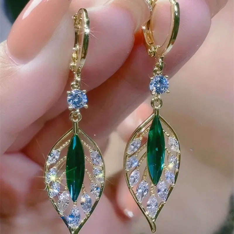 Green Crystal Golden Leaves Earrings for Women Individuality Daily Accessories