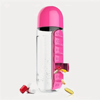 Portable Water Bottle With Built-in Pill Box for Medicines, Vitamins,