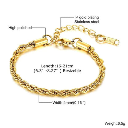 2-5MM Twist Rope Bracelets for Men Boys,Adjustable Gold Silver