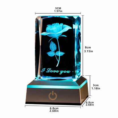 3D Rose Crystal LED Colorful Night Light, Birthday, Christmas, Valentine's