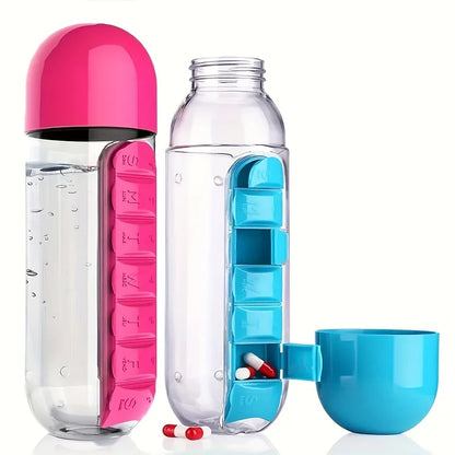 Portable Water Bottle With Built-in Pill Box for Medicines, Vitamins,