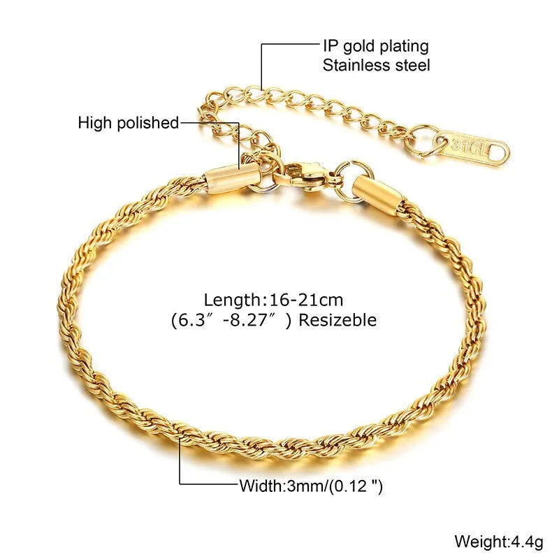 2-5MM Twist Rope Bracelets for Men Boys,Adjustable Gold Silver