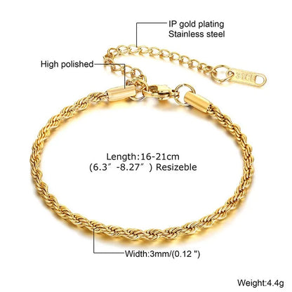 2-5MM Twist Rope Bracelets for Men Boys,Adjustable Gold Silver