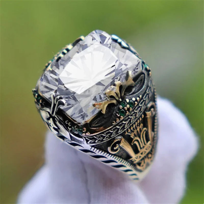 Retro Handmade Turkish Signet Rings for Men Ancient Silver Color Carved