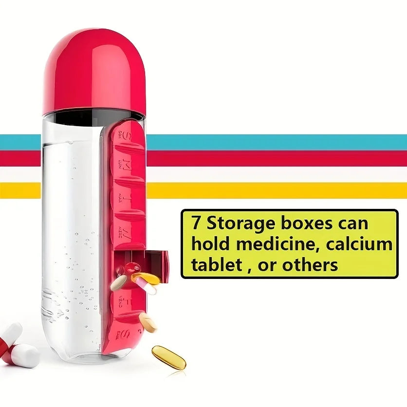 Portable Water Bottle With Built-in Pill Box for Medicines, Vitamins,