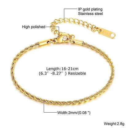 2-5MM Twist Rope Bracelets for Men Boys,Adjustable Gold Silver