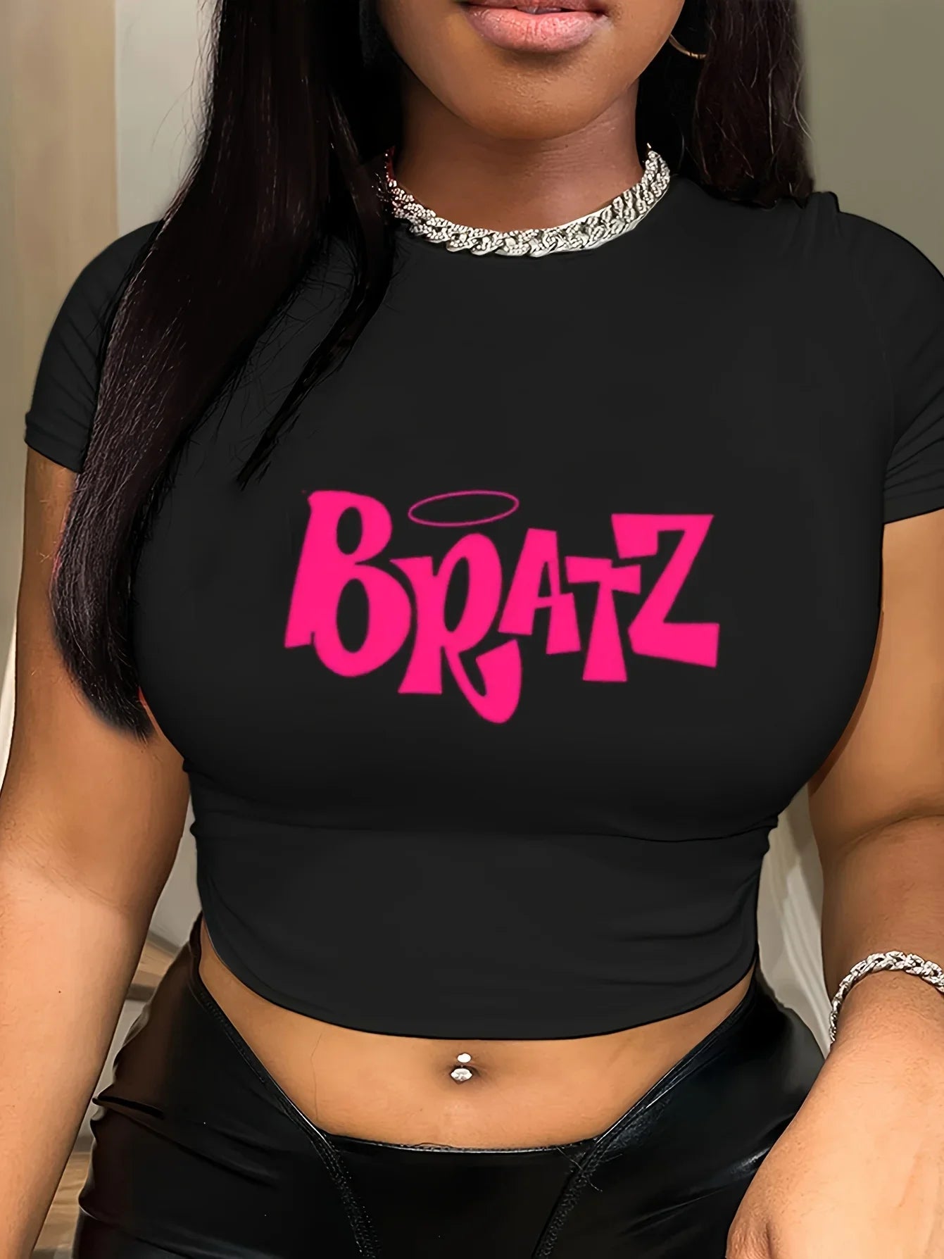 Women's cut T-shirt Y2k pink Bratz letter printed T-shirt O-neck tight