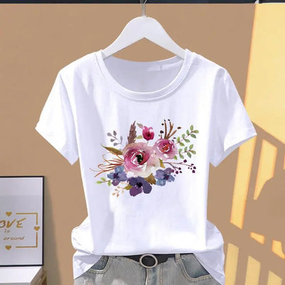 Modal Women Print Floral Sports Fashion Casual Explosive Short Sleeve