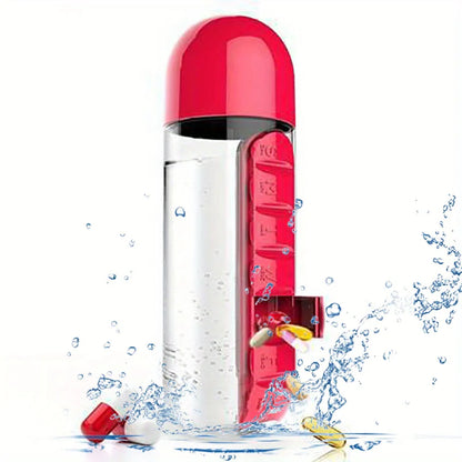 Portable Water Bottle With Built-in Pill Box for Medicines, Vitamins,