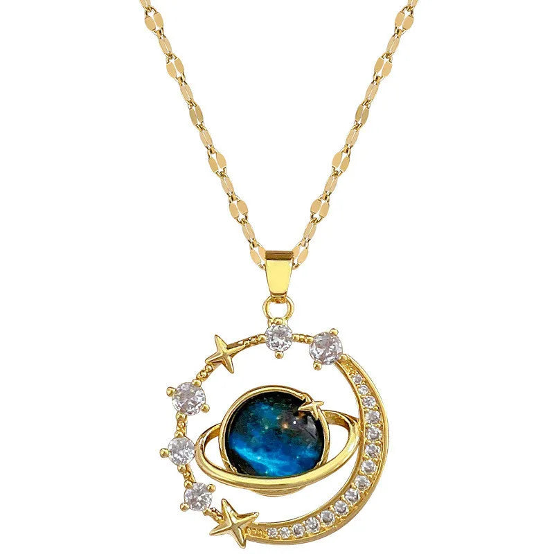 Luxury Inlaid Zircon Planet Moon Pendant Necklace For Women Titanium