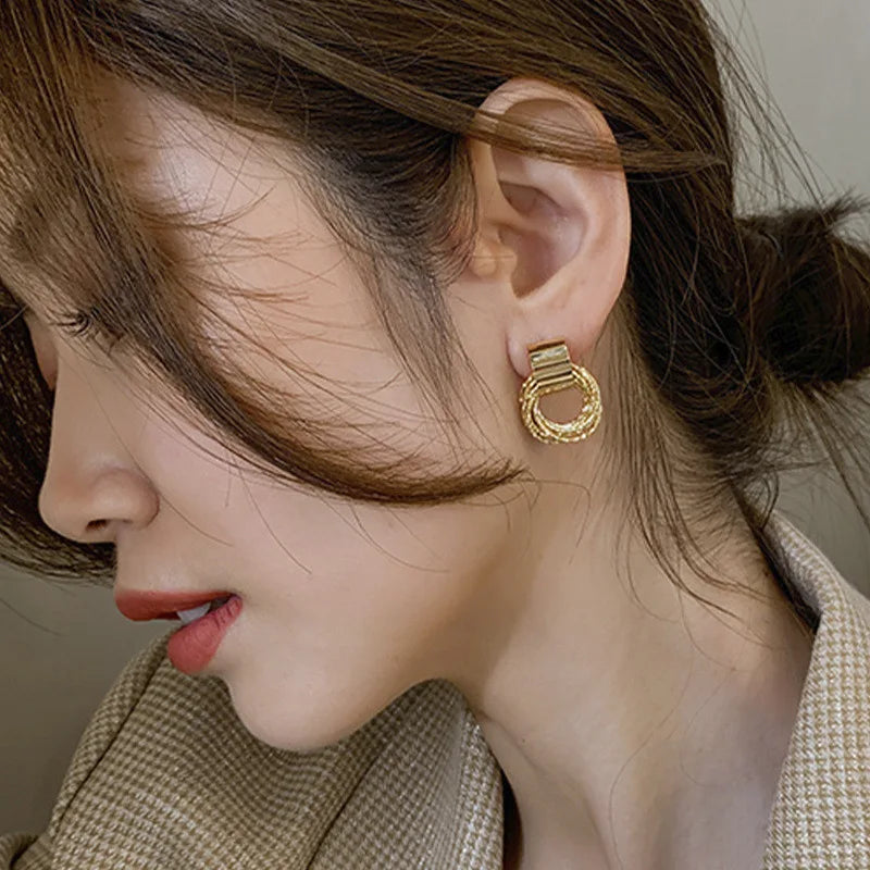 Retro Metal Gold Color Multiple Small Circle Stud Earrings for Women Korean