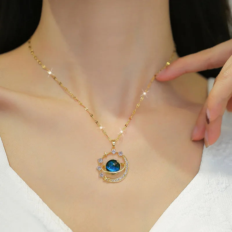 Luxury Inlaid Zircon Planet Moon Pendant Necklace For Women Titanium