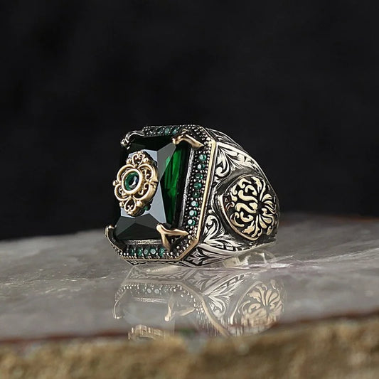 Retro Handmade Turkish Signet Ring for Men Vintage Silver Color Carving