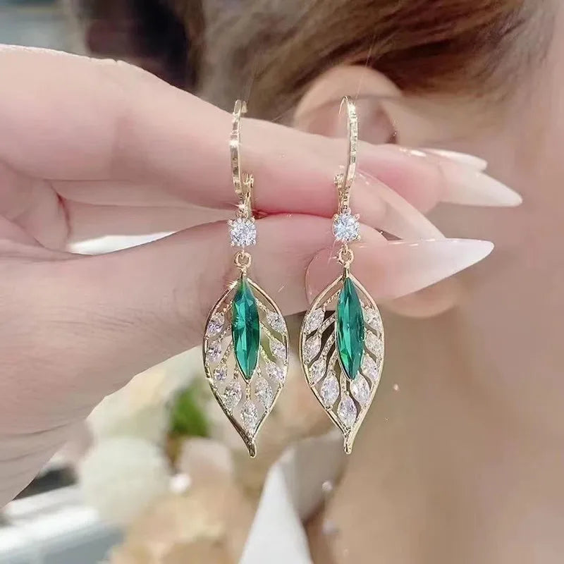 Green Crystal Golden Leaves Earrings for Women Individuality Daily Accessories