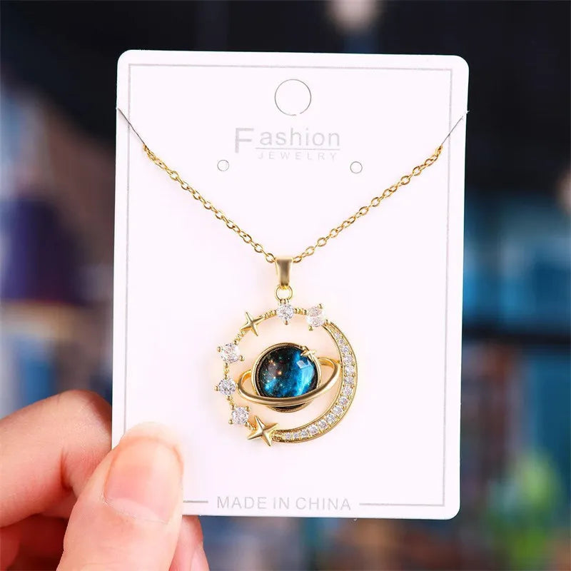 Luxury Inlaid Zircon Planet Moon Pendant Necklace For Women Titanium