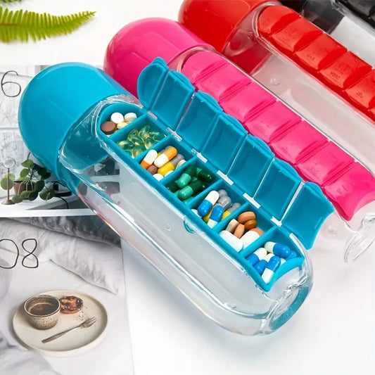 Portable Water Bottle With Built-in Pill Box for Medicines, Vitamins,