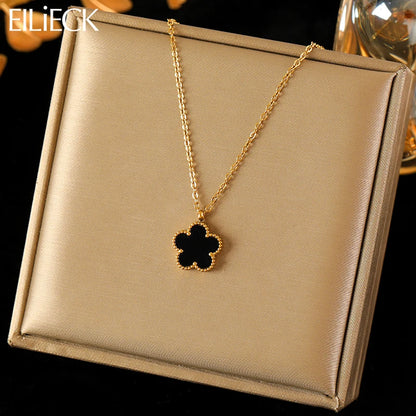 EILIECK 316L Stainless Steel Black Five Leaf Clover Pendant Necklace For