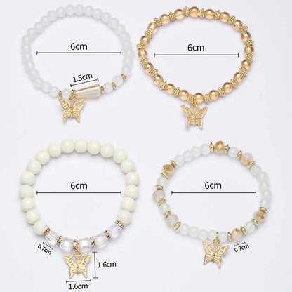 4Pcs Trendy Butterfly Beaded Bracelet Set For Women Pink Acrylic Beads Elastic