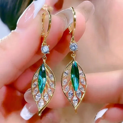 Green Crystal Golden Leaves Earrings for Women Individuality Daily Accessories