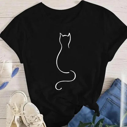 Women Funny Cat O Neck T-shirts Girl Summer Animal Tops Tee