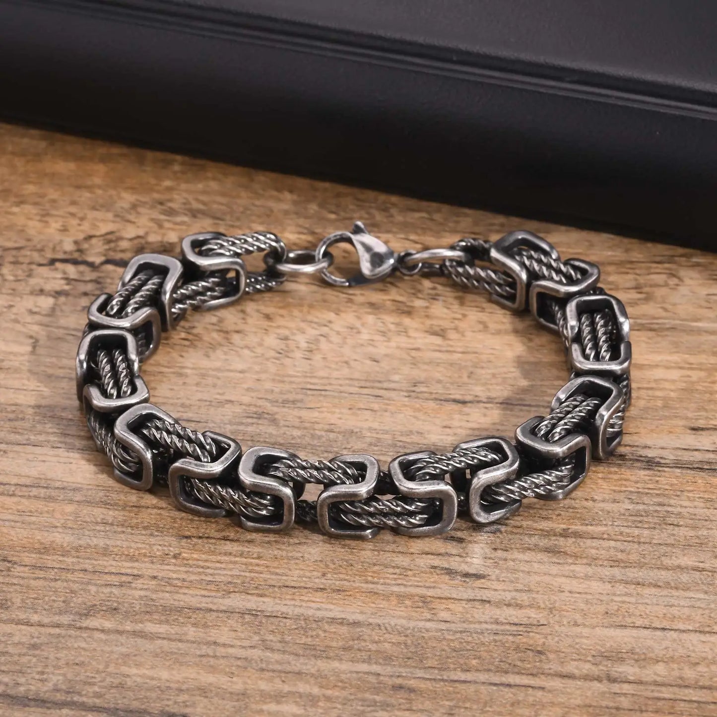 Mens Chunky Byzantine Bracelets,Retro Grey 8mm Stainless Steel Braided