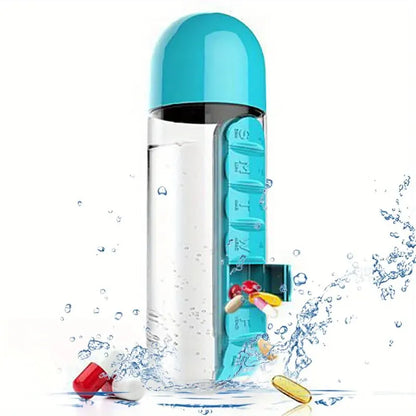 Portable Water Bottle With Built-in Pill Box for Medicines, Vitamins,