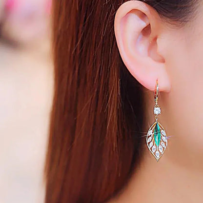 Green Crystal Golden Leaves Earrings for Women Individuality Daily Accessories