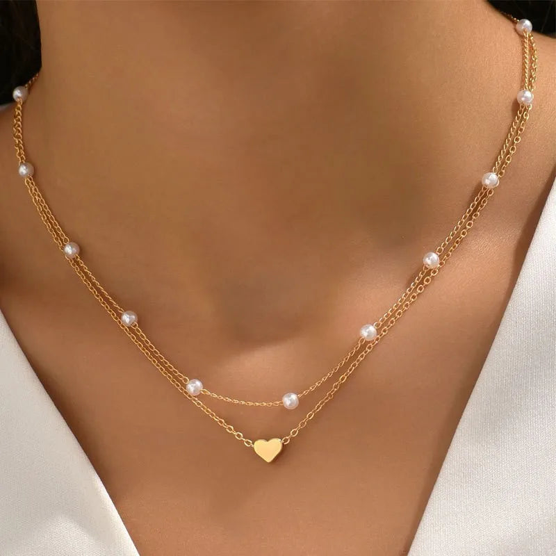 FTCY 3pcs Women's Pearl Necklace Set 14K Gold Fashion Love Heart