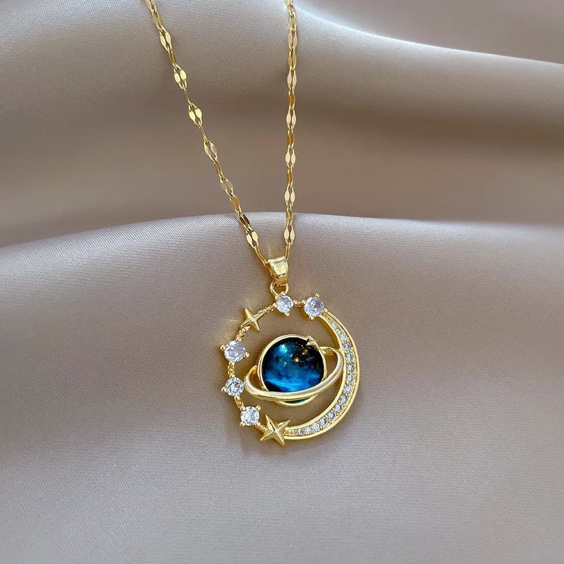 Luxury Inlaid Zircon Planet Moon Pendant Necklace For Women Titanium