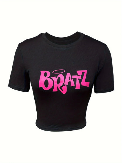 Women's cut T-shirt Y2k pink Bratz letter printed T-shirt O-neck tight