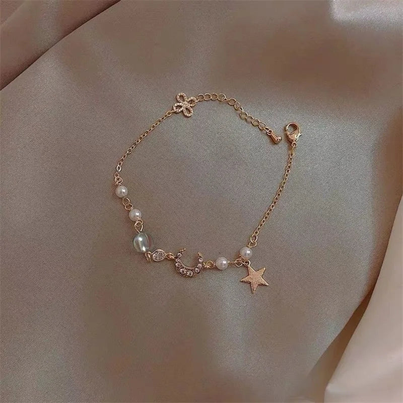 Korean Simple Star Moon Zircon Pearl Bracelet For Women Ladies Cute Elegant