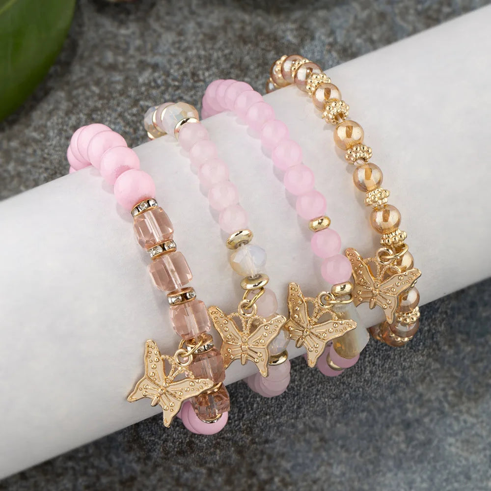 4Pcs Trendy Butterfly Beaded Bracelet Set For Women Pink Acrylic Beads Elastic