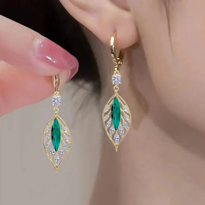 Green Crystal Golden Leaves Earrings for Women Individuality Daily Accessories