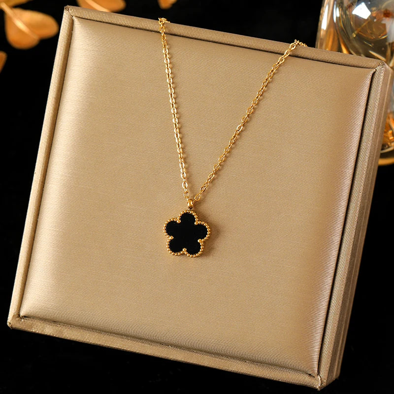 EILIECK 316L Stainless Steel Black Five Leaf Clover Pendant Necklace For