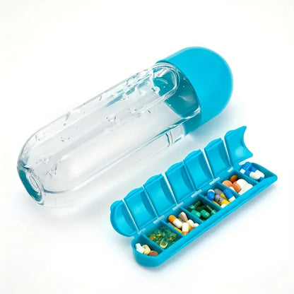 Portable Water Bottle With Built-in Pill Box for Medicines, Vitamins,