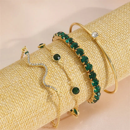 4Pcs/Set Fashion Snake Green Gemstone Bangle Rhinestone Full Metal