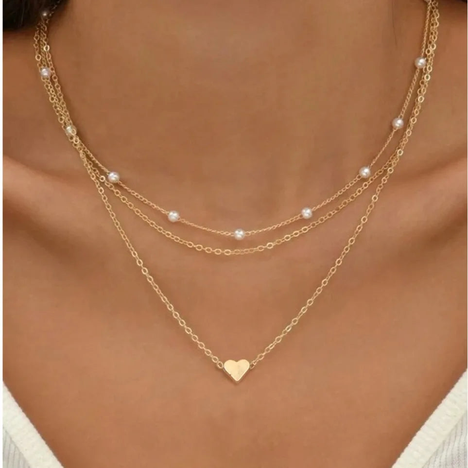 FTCY 3pcs Women's Pearl Necklace Set 14K Gold Fashion Love Heart