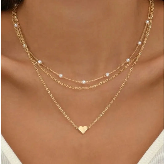 FTCY 3pcs Women's Pearl Necklace Set 14K Gold Fashion Love Heart