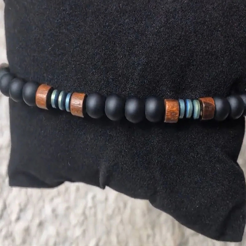Mens Beaded Black Onyx And Green Plated Hematite Spacers With Wooden